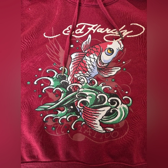 Ed Hardy Women’s L Red Burgundy Koi Fish Tattoo Graphic Hoodie - Picture 4 of 9